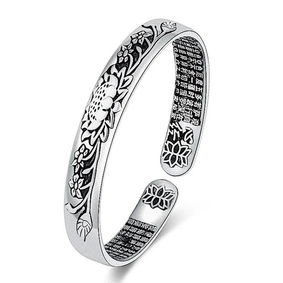 Sterling Silver Lotus Flower Bracelet, Adjustable Resizable Bangle Cuff, - Picture 4 of 5
